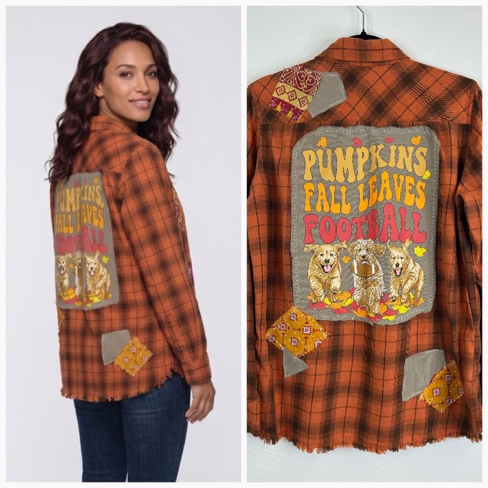 Fall Pumpkins Football Dogs Autumn Flannel Shirt Womens Size Tall M Patchwork